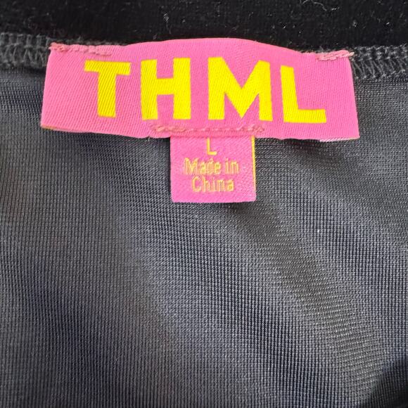 THML Women's Black Velvet Puff Sleeve Top Sheer Crewneck Size L Holiday Work - Picture 3 of 8